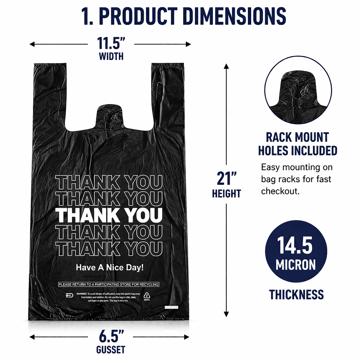 1/6 Easy Open 1000 CT Black Thankyou Bags