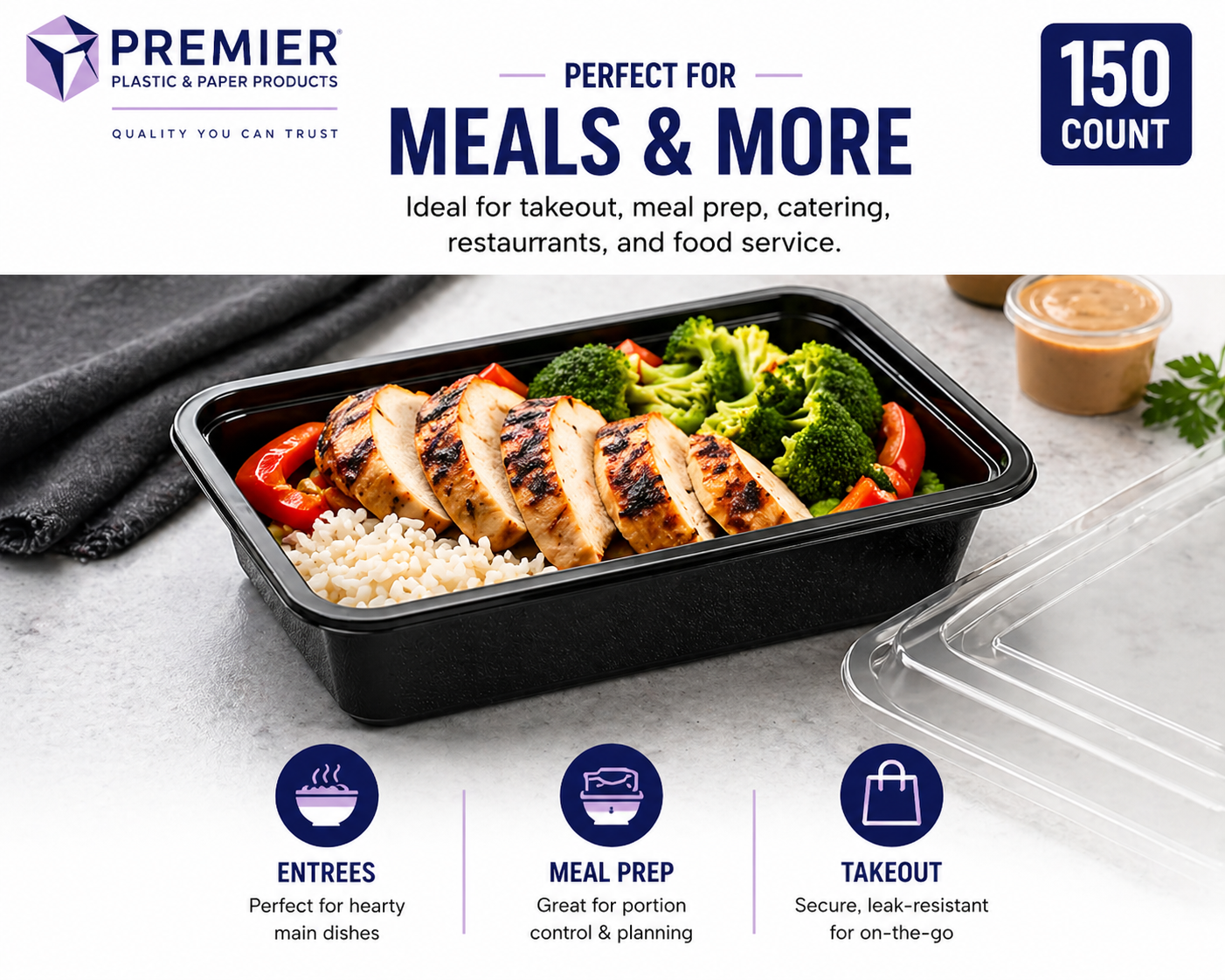 Premier Plastic Container RECTANGLE 24 OZ W LID 150 CT