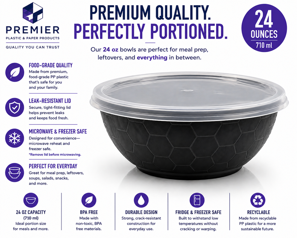 Premier Plastic Container BOWL 24 OZ BLACK