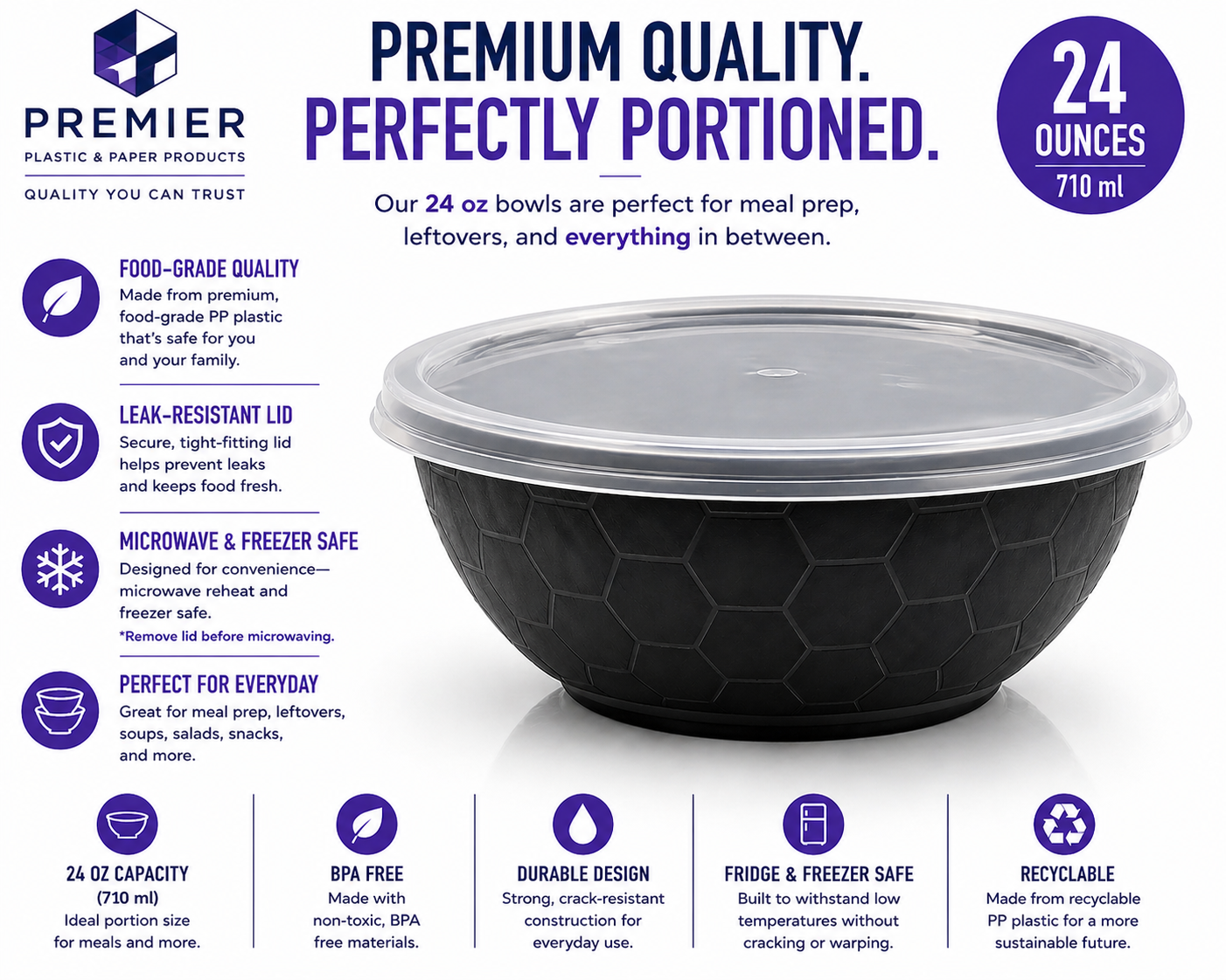Premier Plastic Container BOWL 24 OZ BLACK