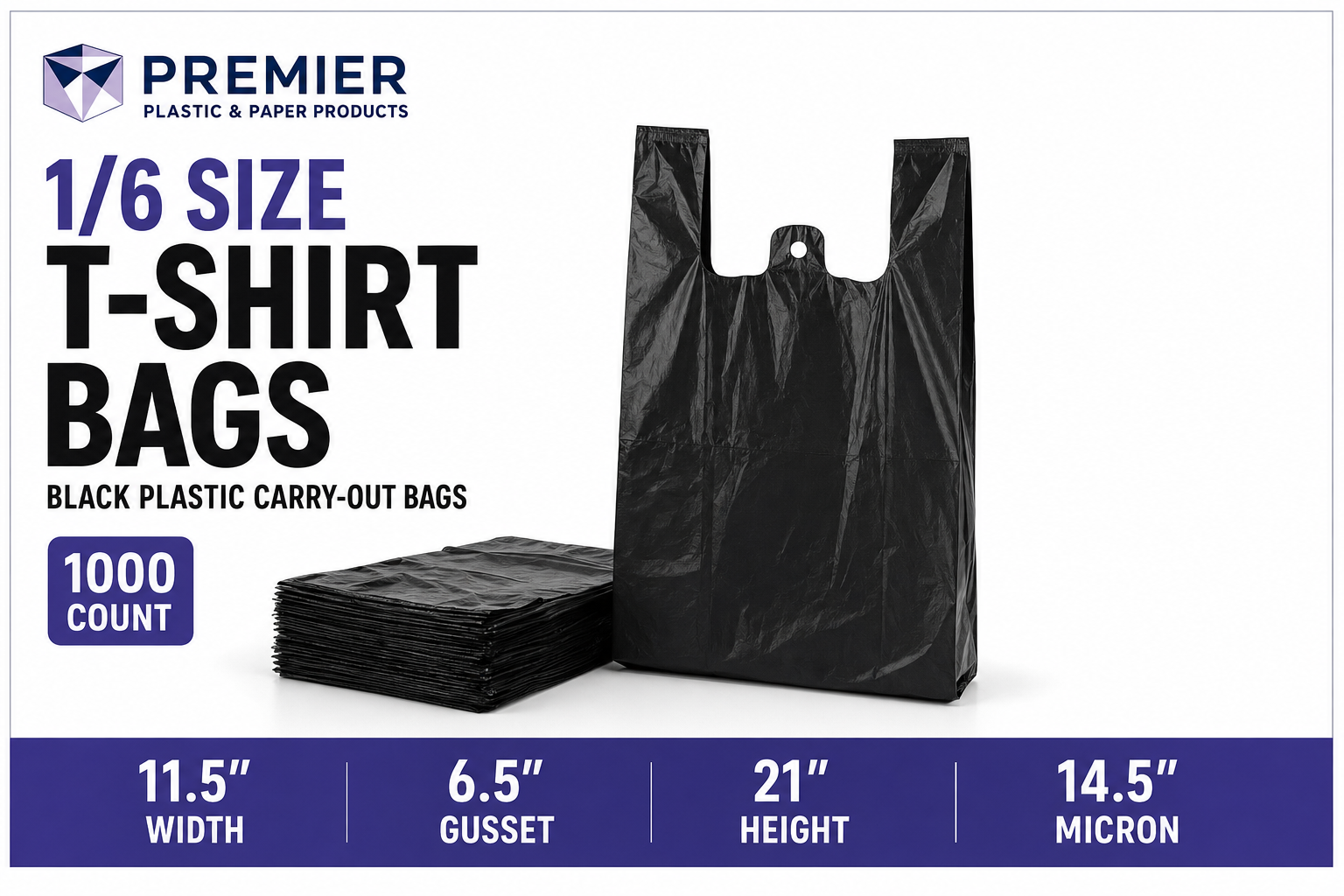 Premier 1/6 USA Easy Open 1000 CT BLACK PLAIN HEAVY BAG