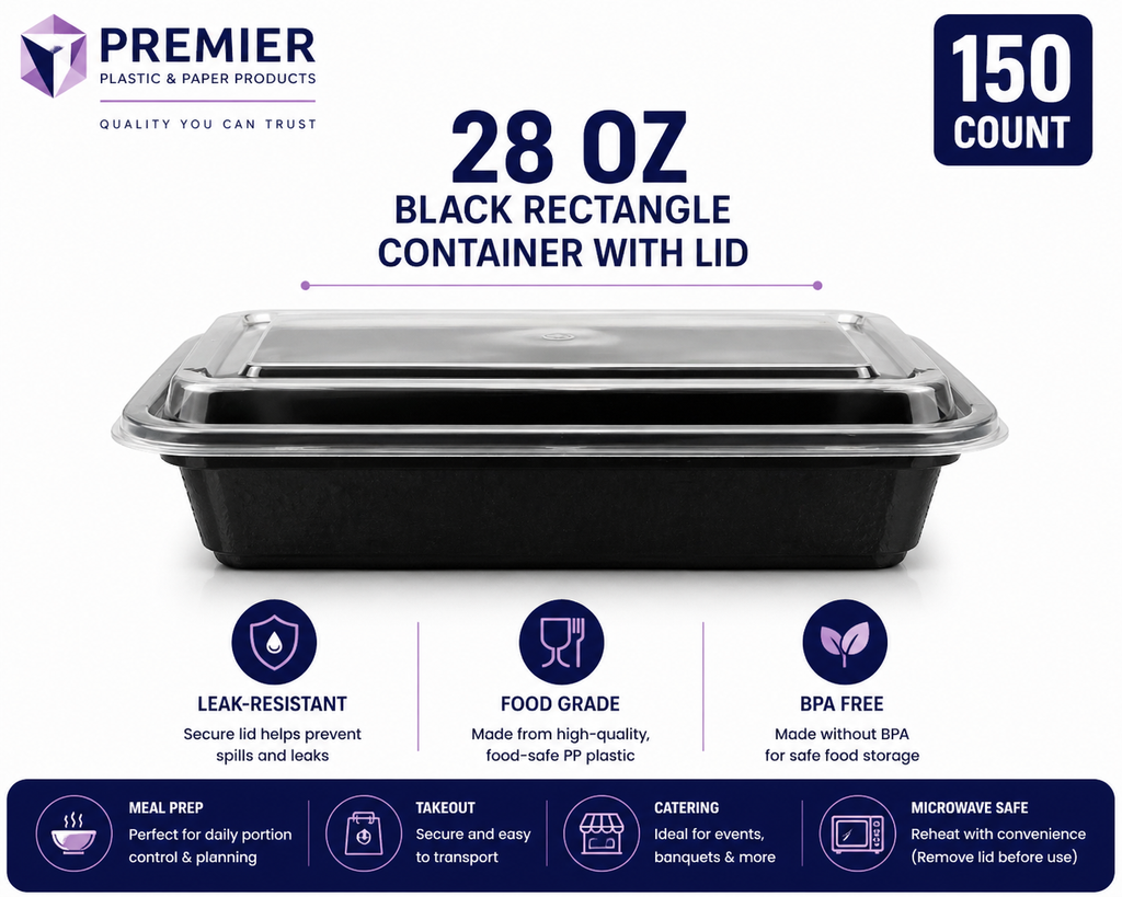 Premier Plastic Container RECTANGLE 28 OZ W LID 150 CT