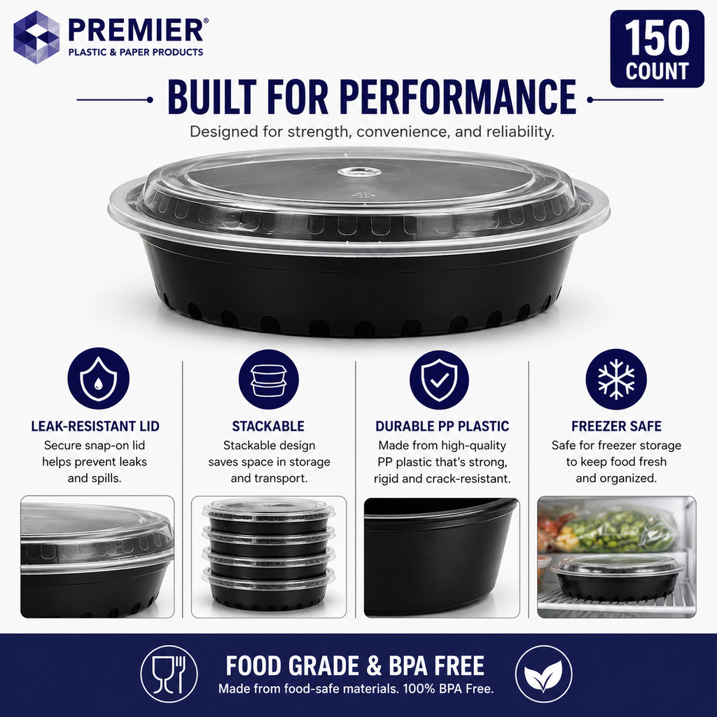 Premier Plastic Container ROUND 24 OZ W LID 150 CT