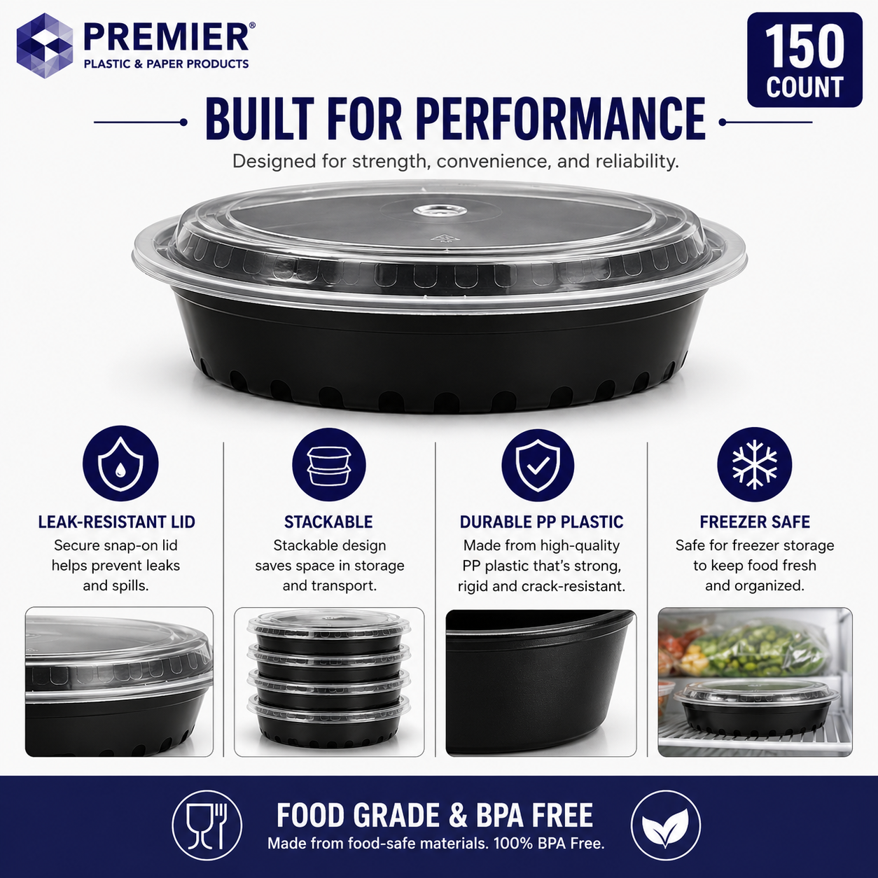 Premier Plastic Container ROUND 24 OZ W LID 150 CT