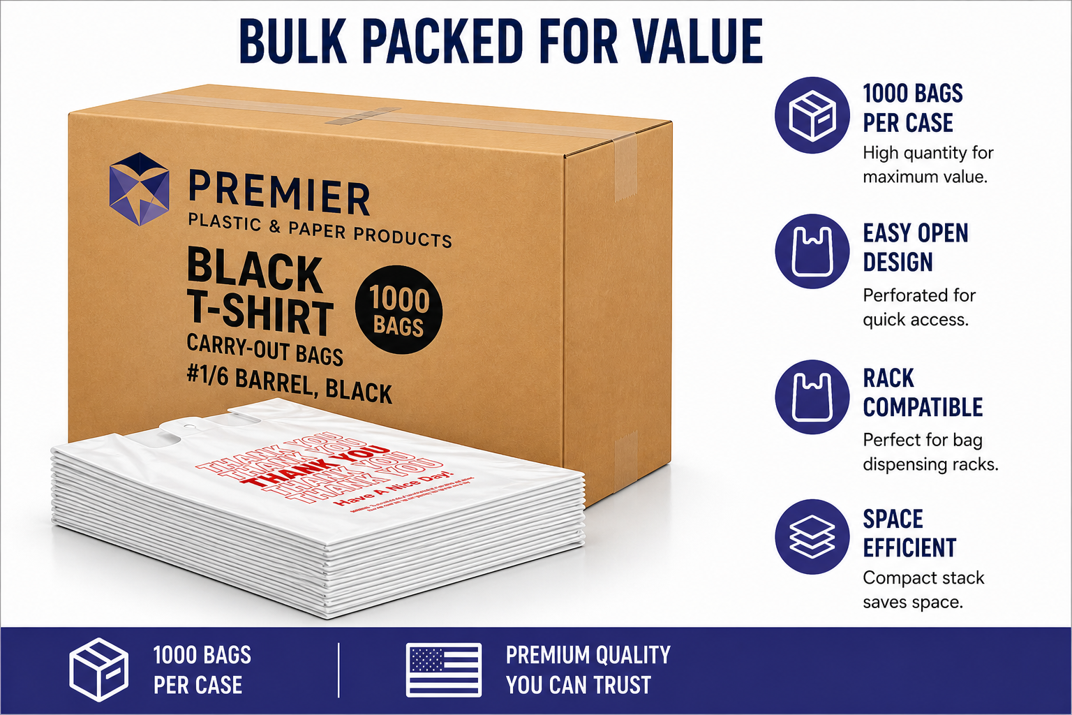 1/6 Large Easy Open 1000 CT White Thank You Bags