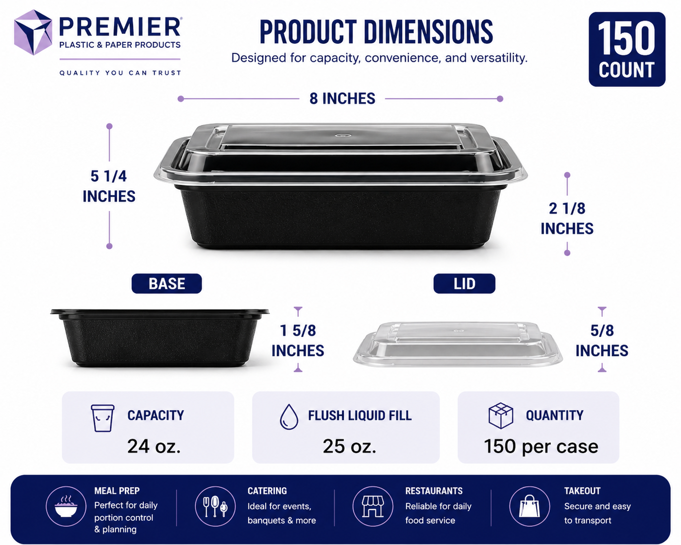 Premier Plastic Container RECTANGLE 24 OZ W LID 150 CT