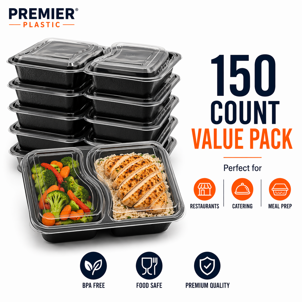 Premier Plastic Container RECTANGLE 2 COMPARTMENT-32 OZ W LID 150 CT