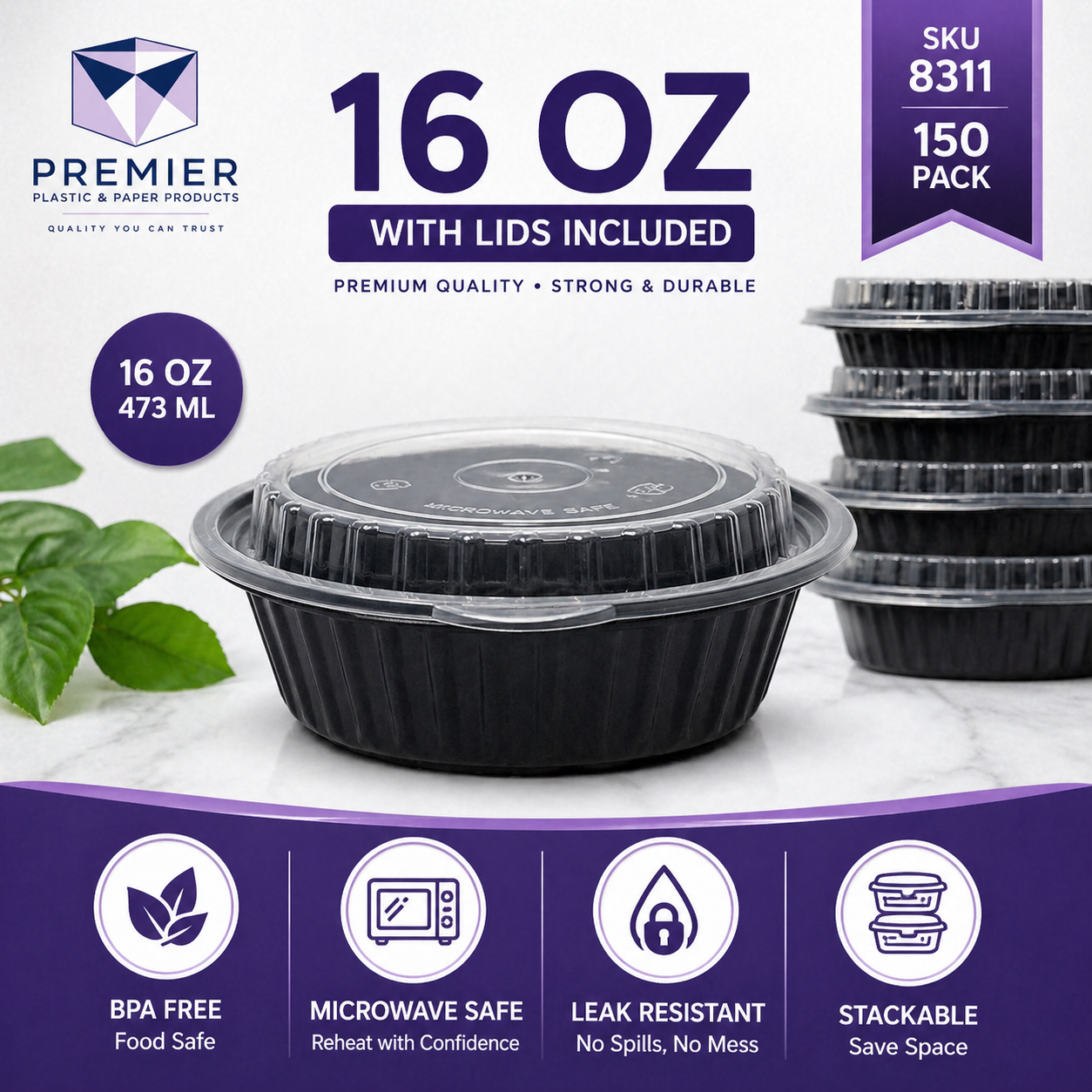 Premier Plastic Container ROUND W LID ROR 8311 150 CT 16 OZ
