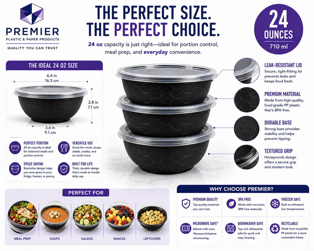 Premier Plastic Container BOWL 24 OZ BLACK