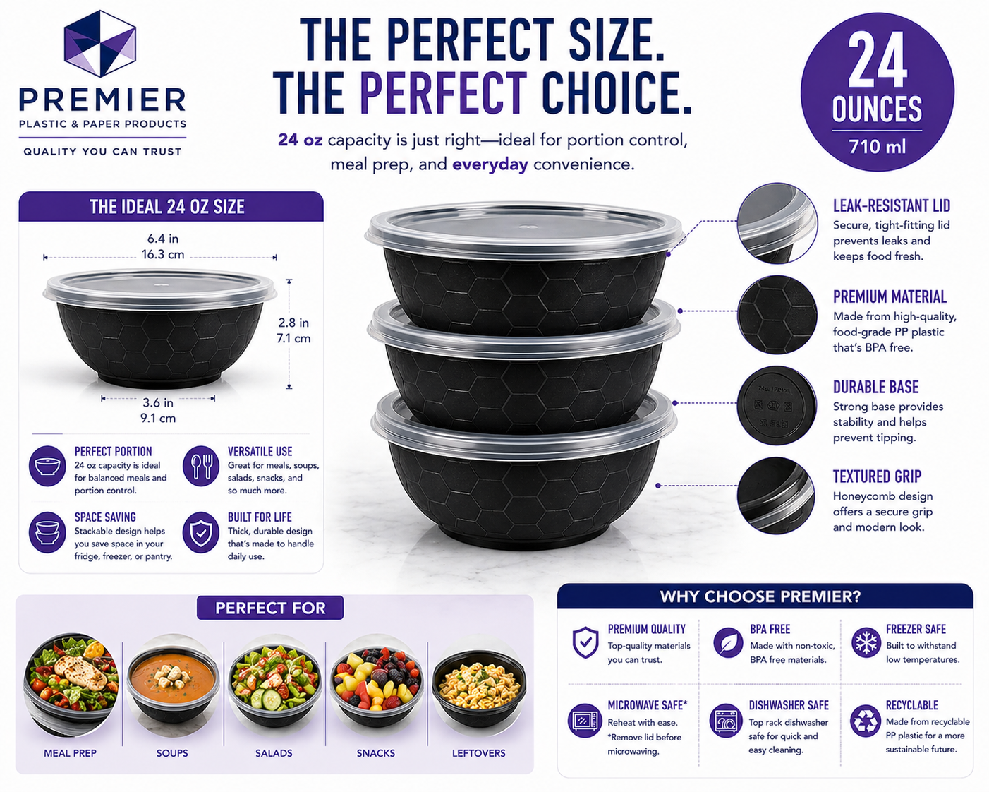 Premier Plastic Container BOWL 24 OZ BLACK