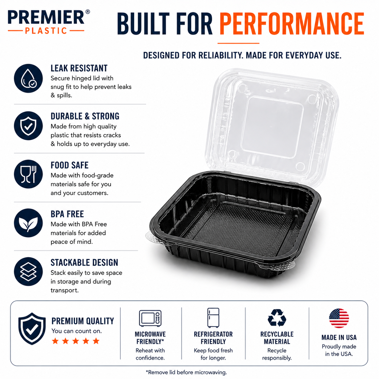 Premier Plastic Container Hinged 8/8 150 CT Black W Clear Lid