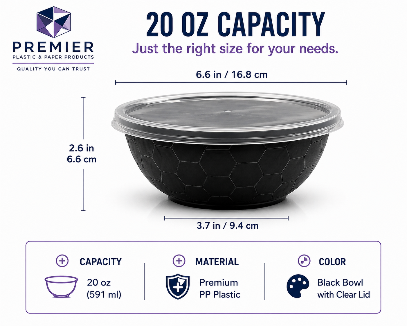 Premier Plastic Container BOWL 20 OZ BLACK