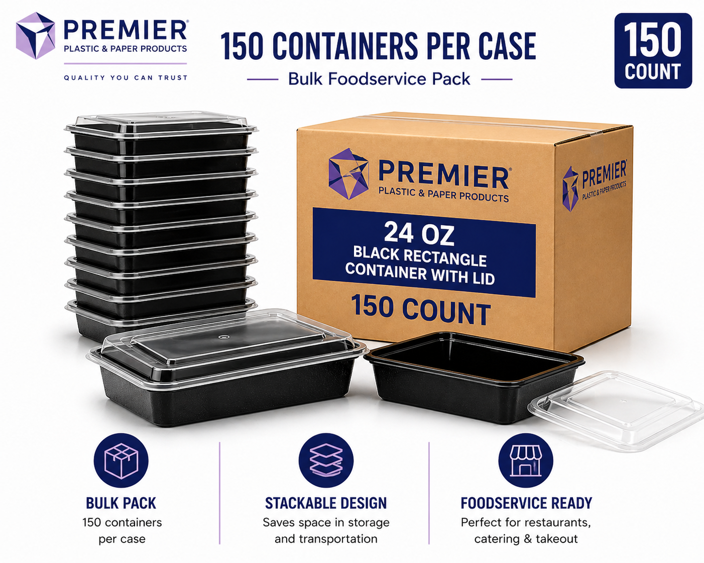 Premier Plastic Container RECTANGLE 24 OZ W LID 150 CT