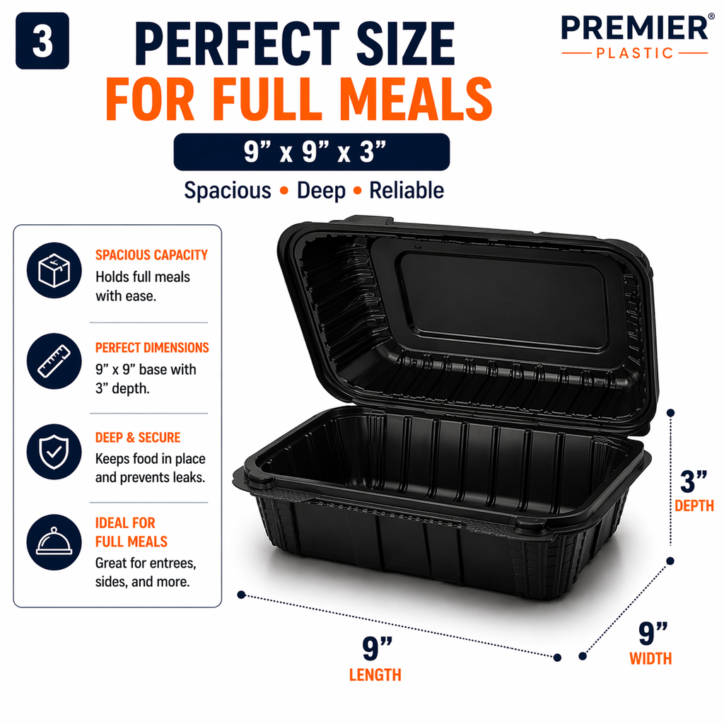 Premier Plastic Container Hinged 9/9 100 CT BLACK