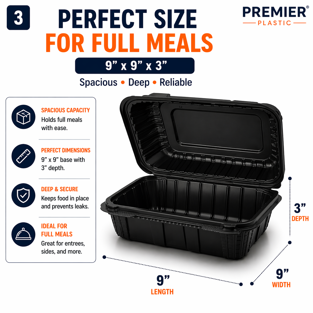 Premier Plastic Container Hinged 9/9 100 CT BLACK