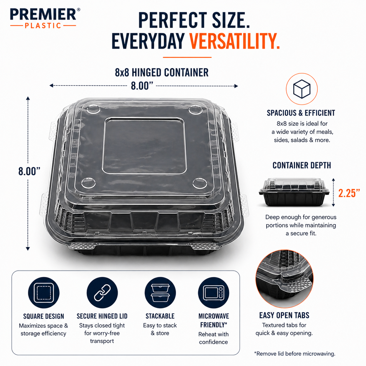 Premier Plastic Container Hinged 8/8 150 CT Black W Clear Lid