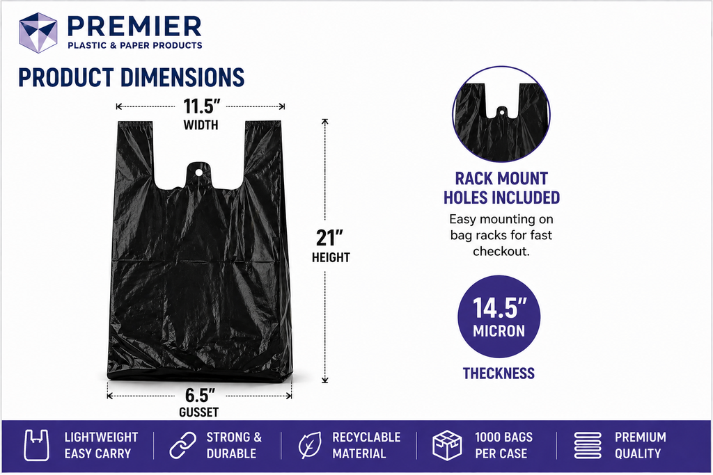 Premier 1/6 USA Easy Open 1000 CT BLACK PLAIN HEAVY BAG