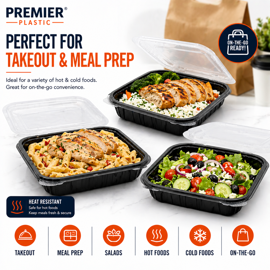 Premier Plastic Container Hinged 8/8 150 CT Black W Clear Lid