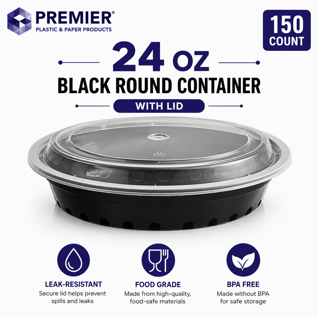 Premier Plastic Container ROUND 24 OZ W LID 150 CT