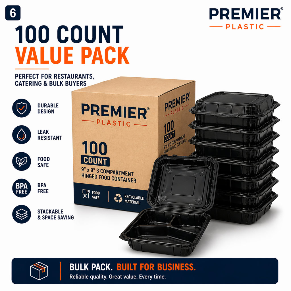 Premier Plastic Container Hinged 9/9-3 COMPARTMENT 100 CT BLACK