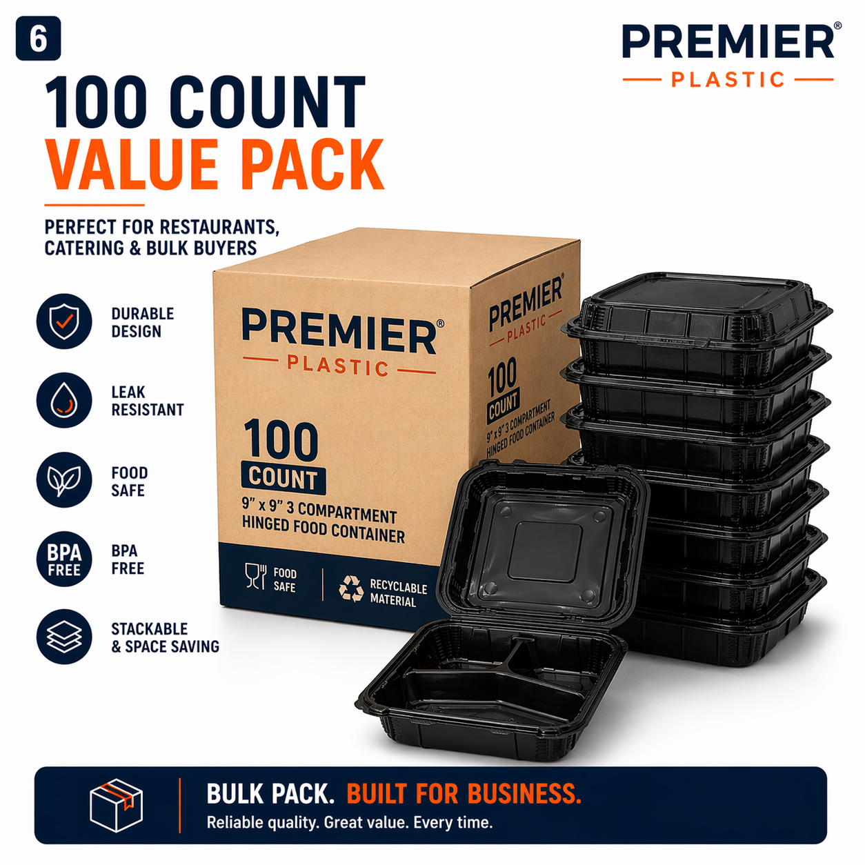 Premier Plastic Container Hinged 9/9-3 COMPARTMENT 100 CT BLACK