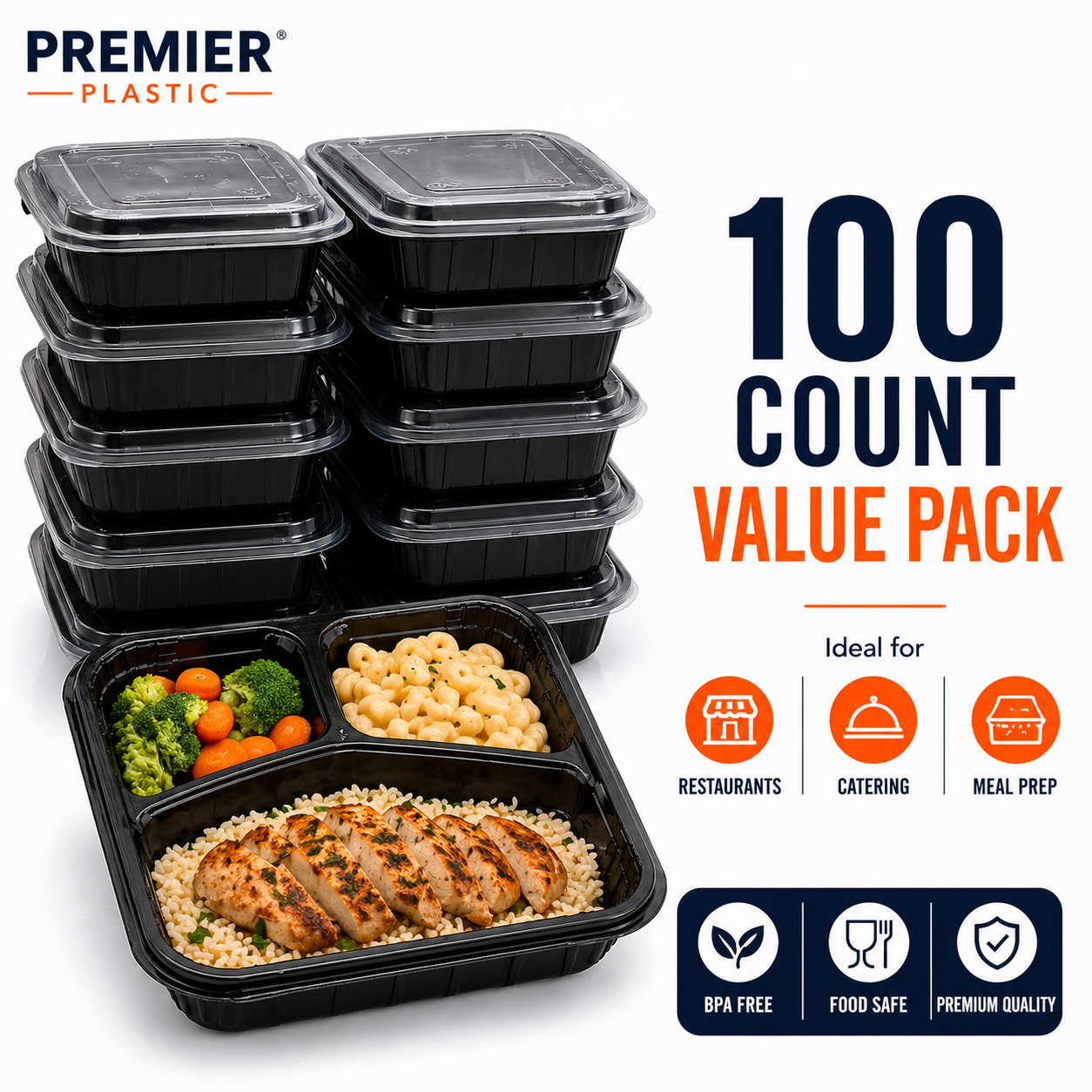 Premier Plastic Container Hinged 9/9-3 COMPARTMENT 100 CT Black W Clear Lid