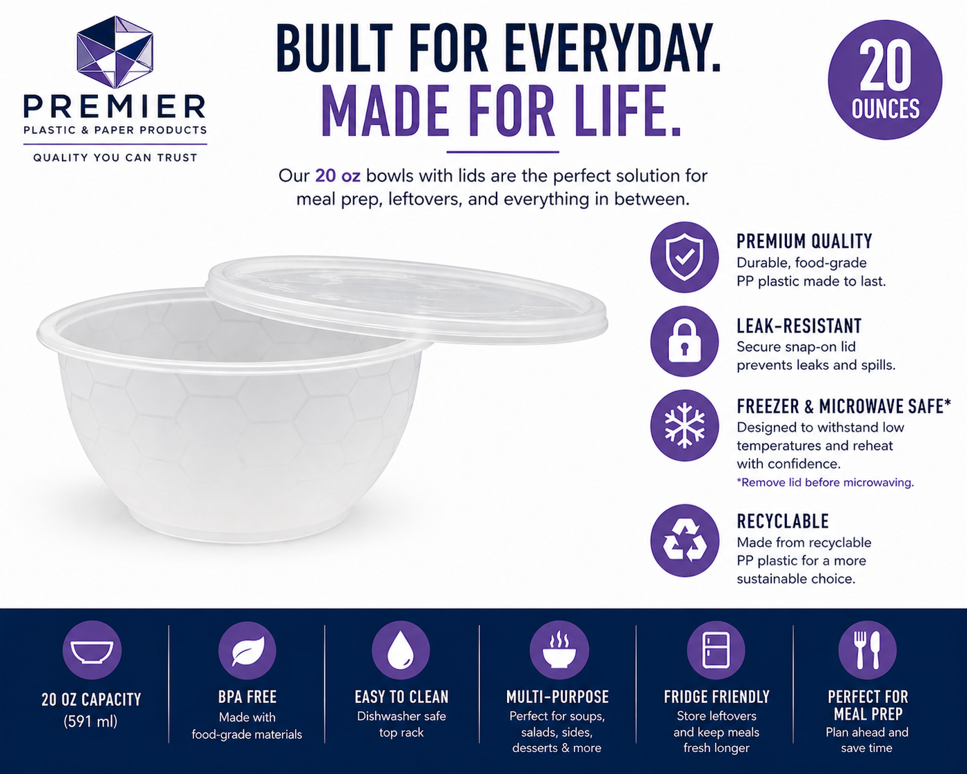 Premier Plastic Container BOWL 20 OZ CLEAR