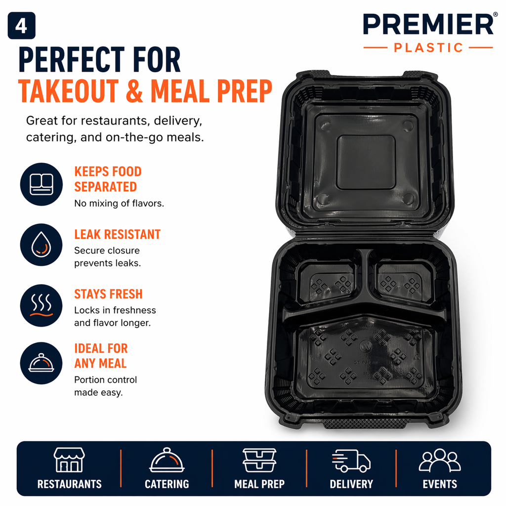 Premier Plastic Container Hinged 9/9-3 COMPARTMENT 100 CT BLACK