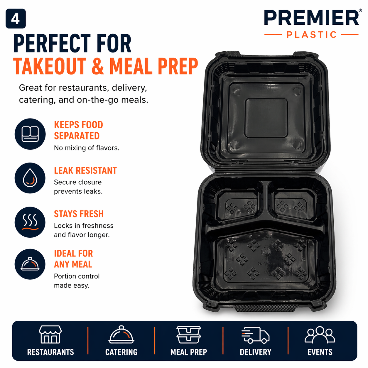 Premier Plastic Container Hinged 9/9-3 COMPARTMENT 100 CT BLACK