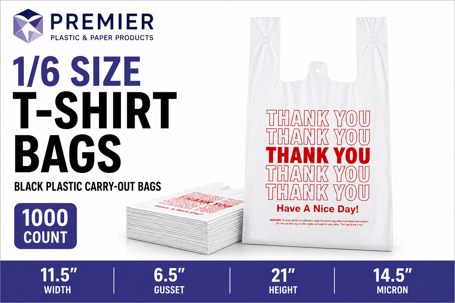 1/6 Large Easy Open 1000 CT White Thank You Bags