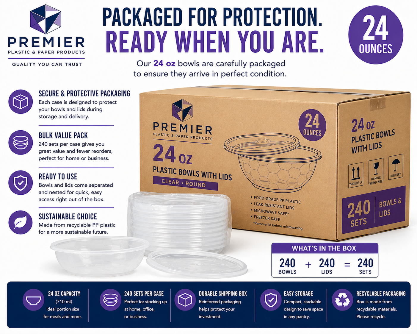 Premier Plastic Container BOWL 24 OZ CLEAR