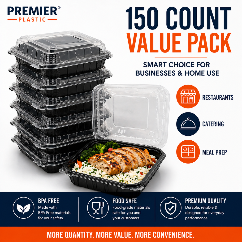 Premier Plastic Container Hinged 8/8 150 CT Black W Clear Lid