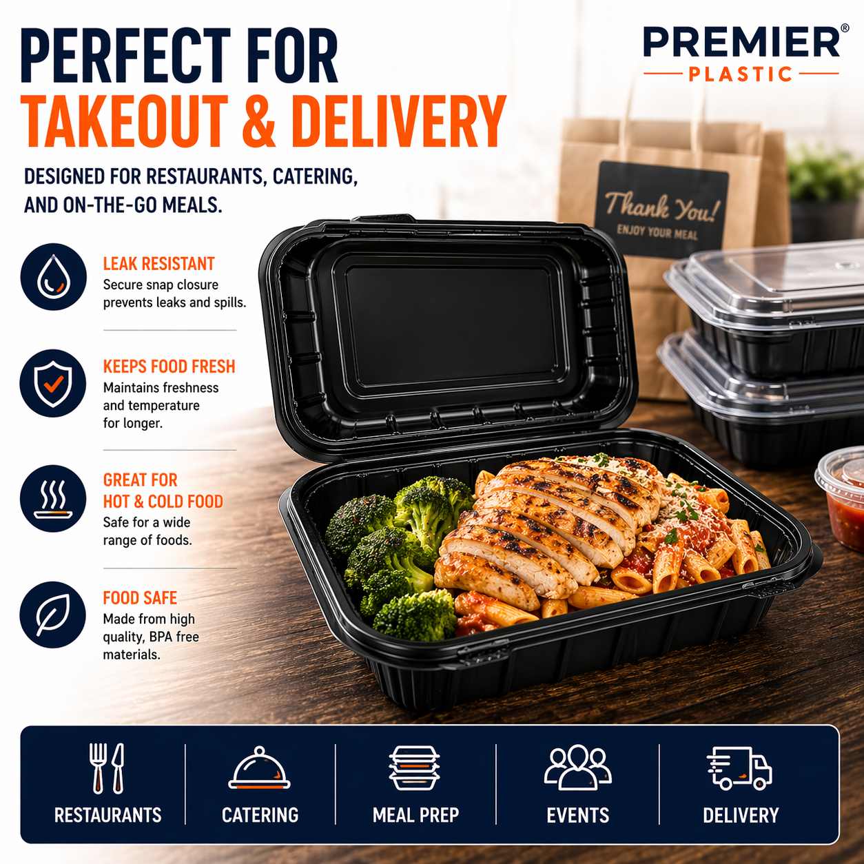 Premier Plastic Container Hinged BLACK 9/6 200 CT