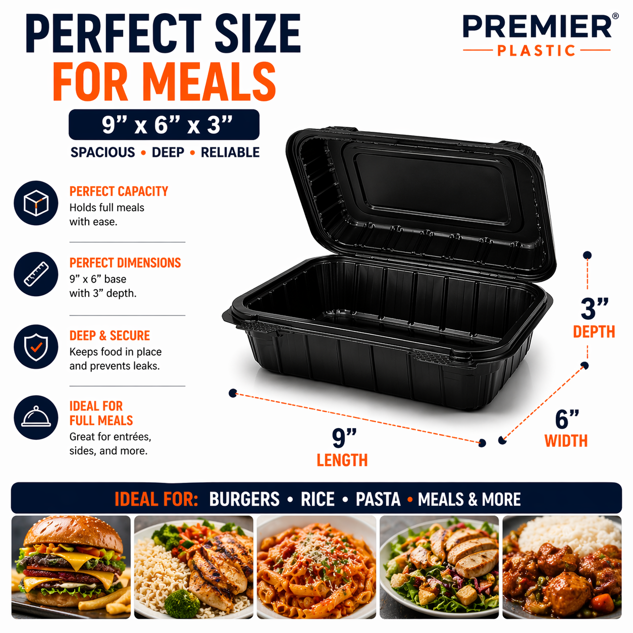 Premier Plastic Container Hinged BLACK 9/6 200 CT