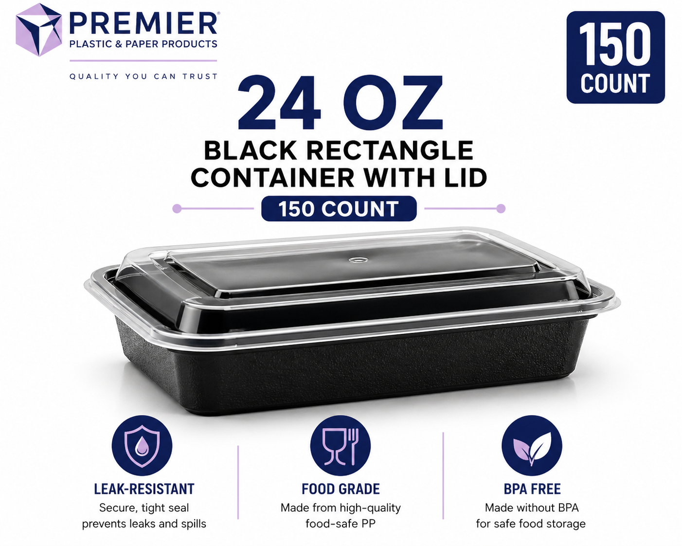 Premier Plastic Container RECTANGLE 24 OZ W LID 150 CT