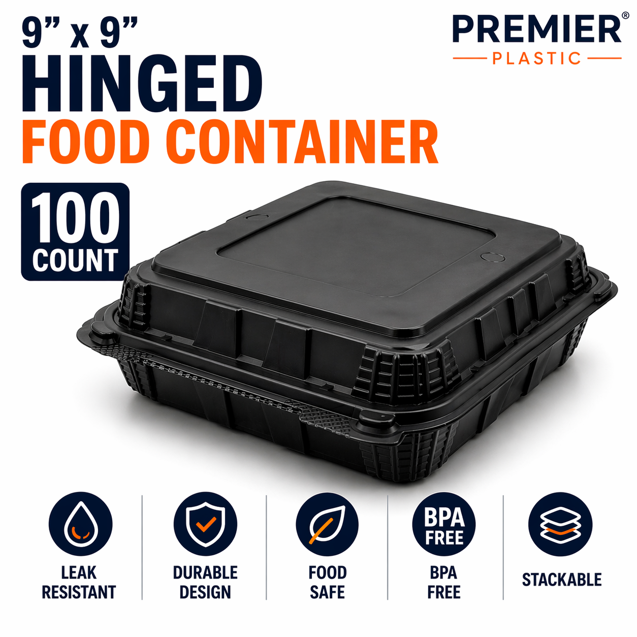 Premier Plastic Container Hinged 9/9 100 CT BLACK
