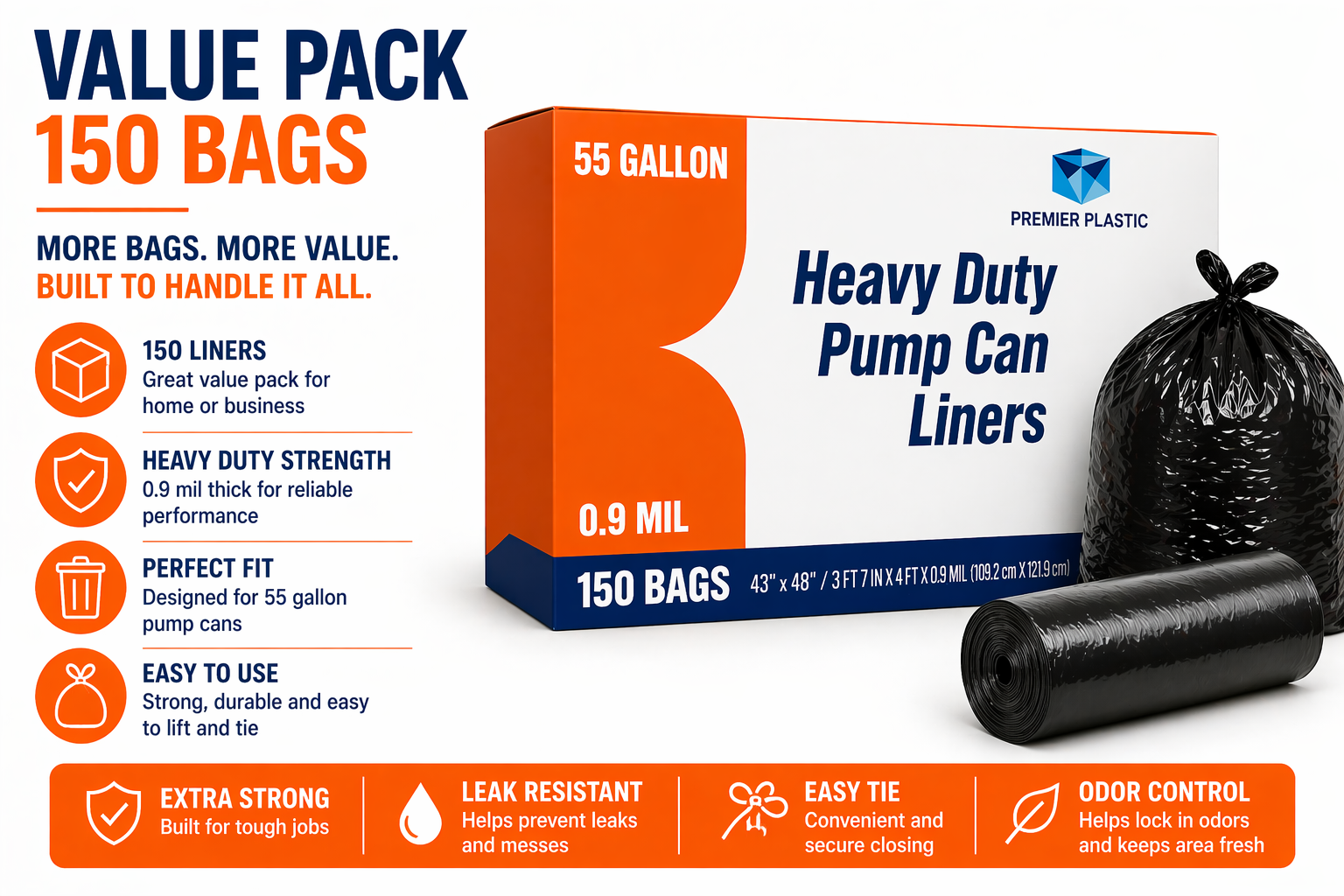 Premier Can Liner 55 GAL PUMP 150 CT BLACK