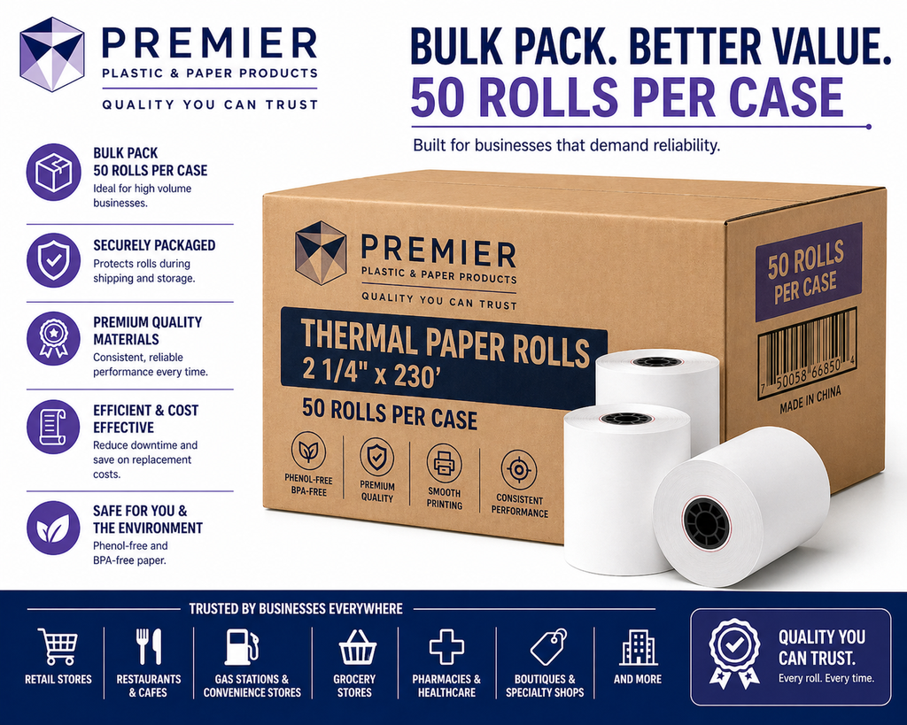 2 1/4" x 230' Thermal Paper Rolls (50 Rolls per Case)