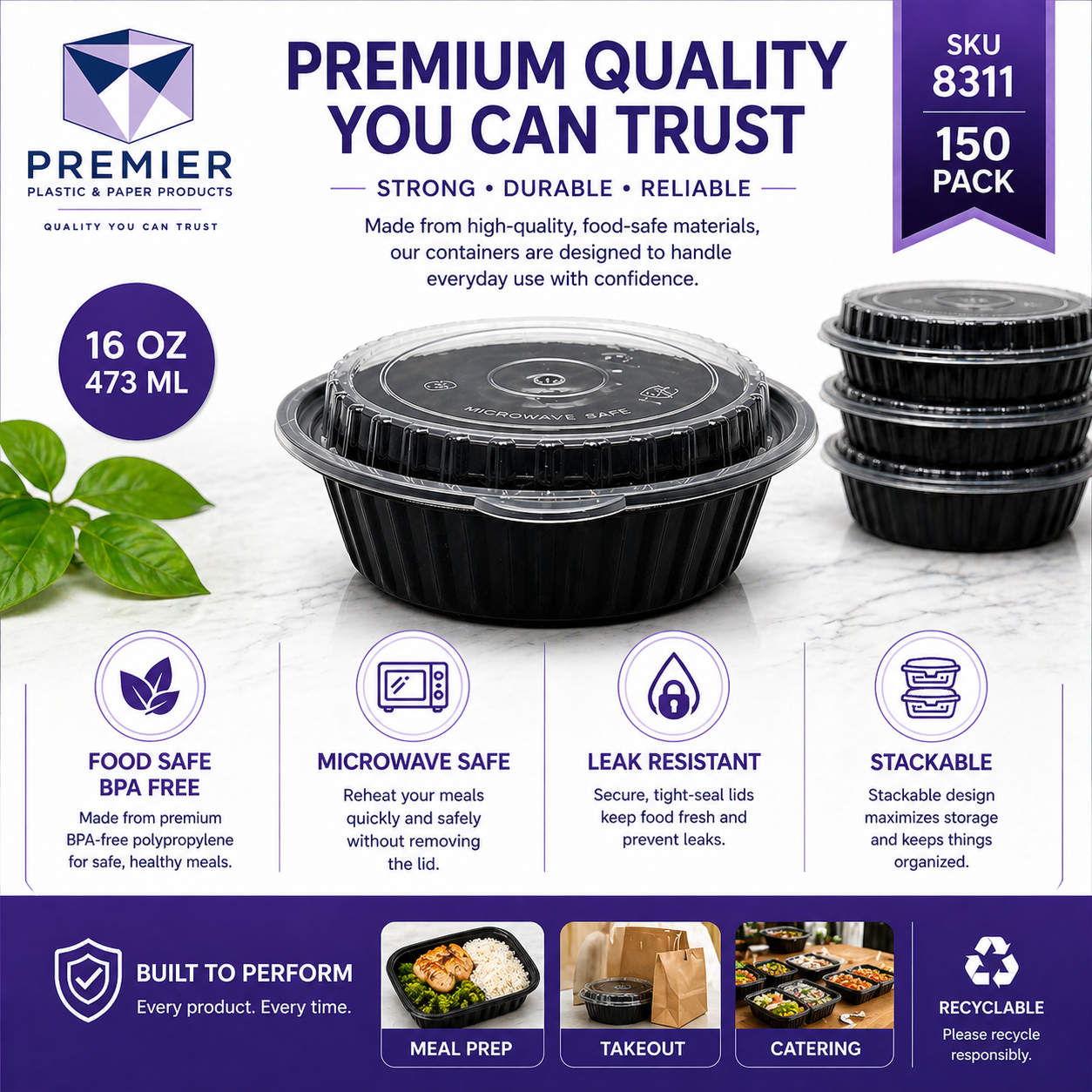 Premier Plastic Container ROUND W LID ROR 8311 150 CT 16 OZ