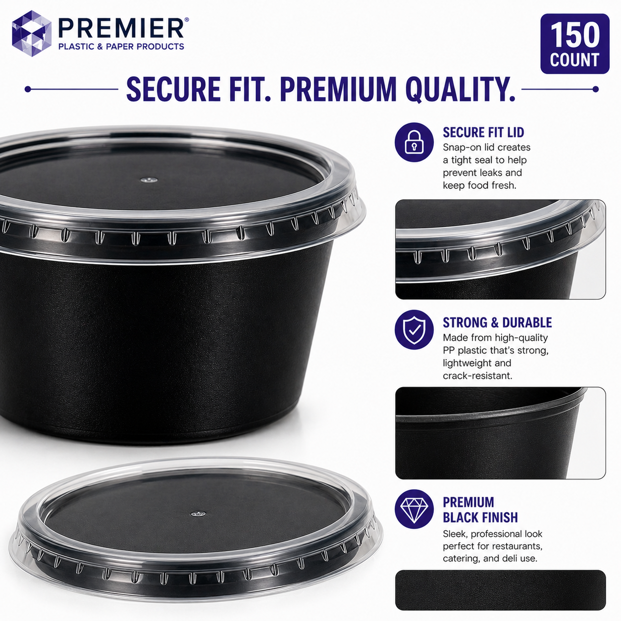 Premier Plastic Container ROUND 12 OZ W LID 150 CT