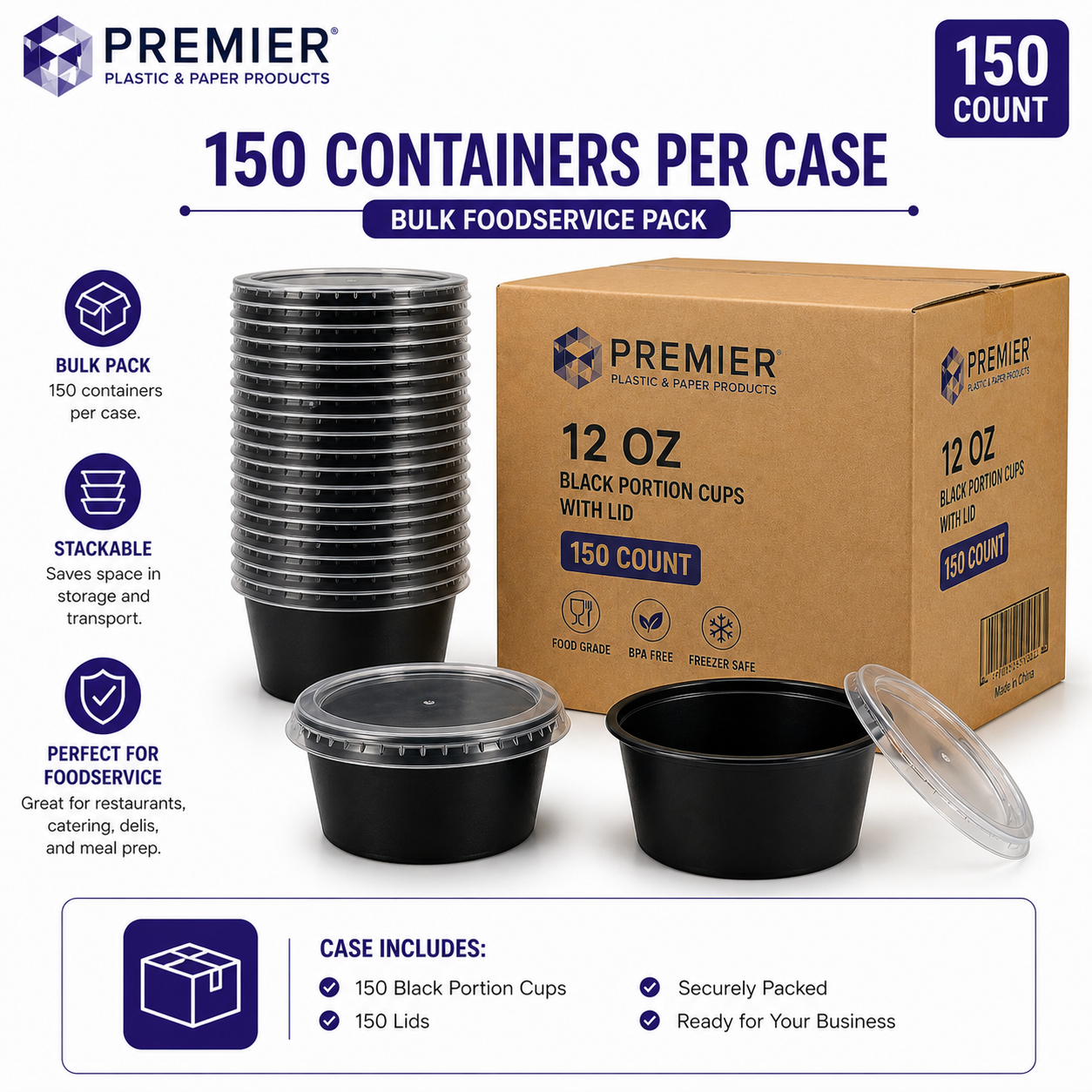 Premier Plastic Container ROUND 12 OZ W LID 150 CT