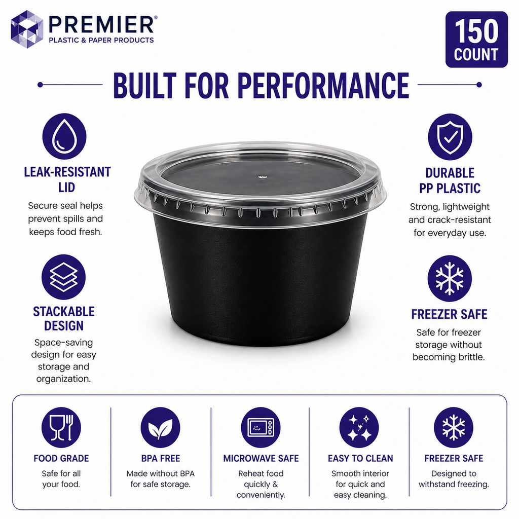 Premier Plastic Container ROUND 12 OZ W LID 150 CT