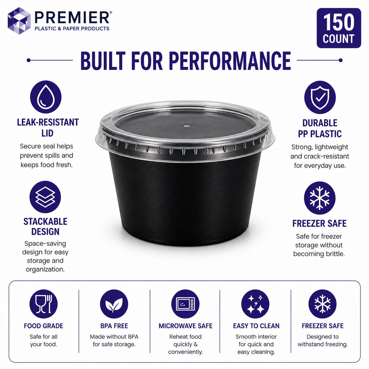 Premier Plastic Container ROUND 12 OZ W LID 150 CT