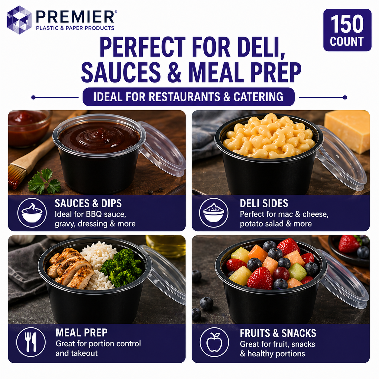 Premier Plastic Container ROUND 12 OZ W LID 150 CT