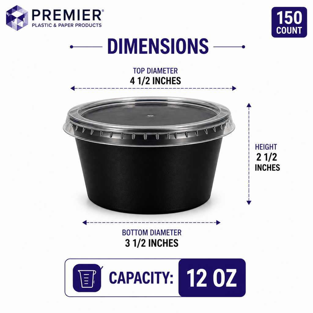 Premier Plastic Container ROUND 12 OZ W LID 150 CT