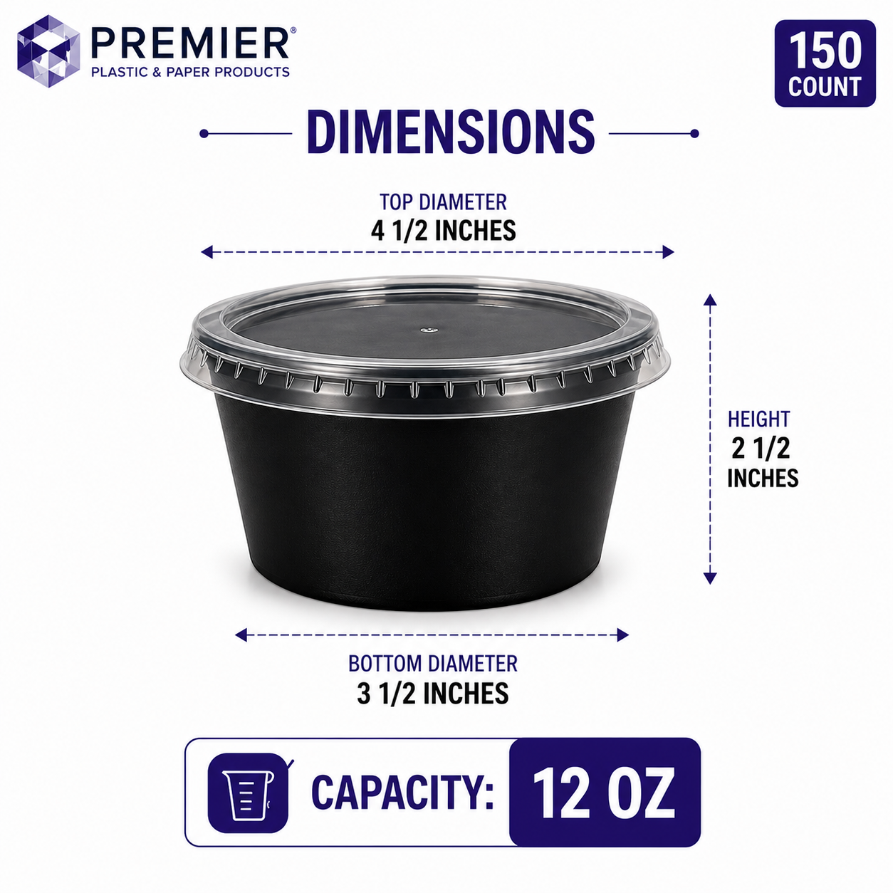 Premier Plastic Container ROUND 12 OZ W LID 150 CT