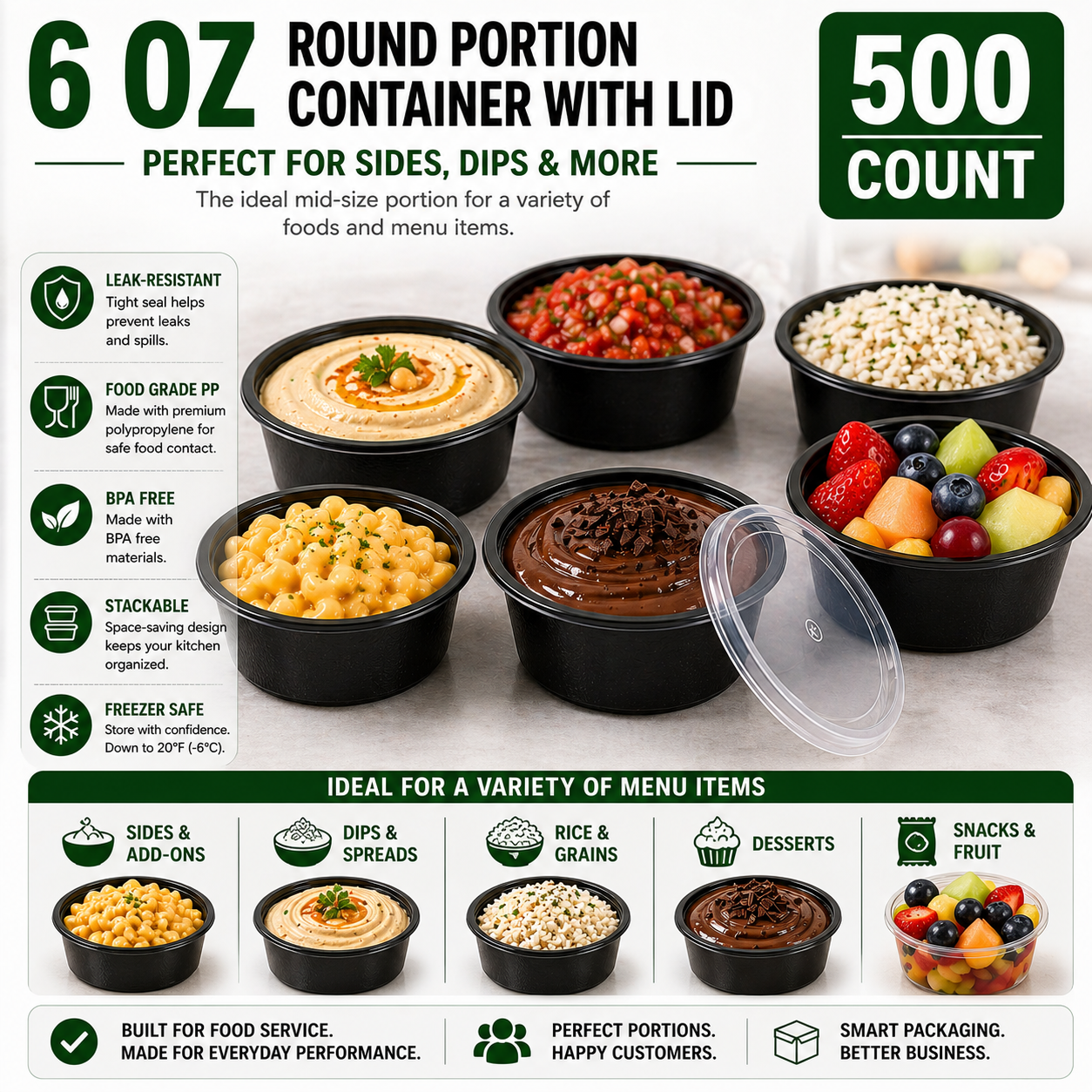 Premier Plastic Container 6 OZ BLACK W LID 500 CT