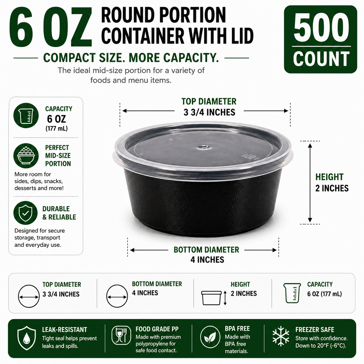 Premier Plastic Container 6 OZ BLACK W LID 500 CT