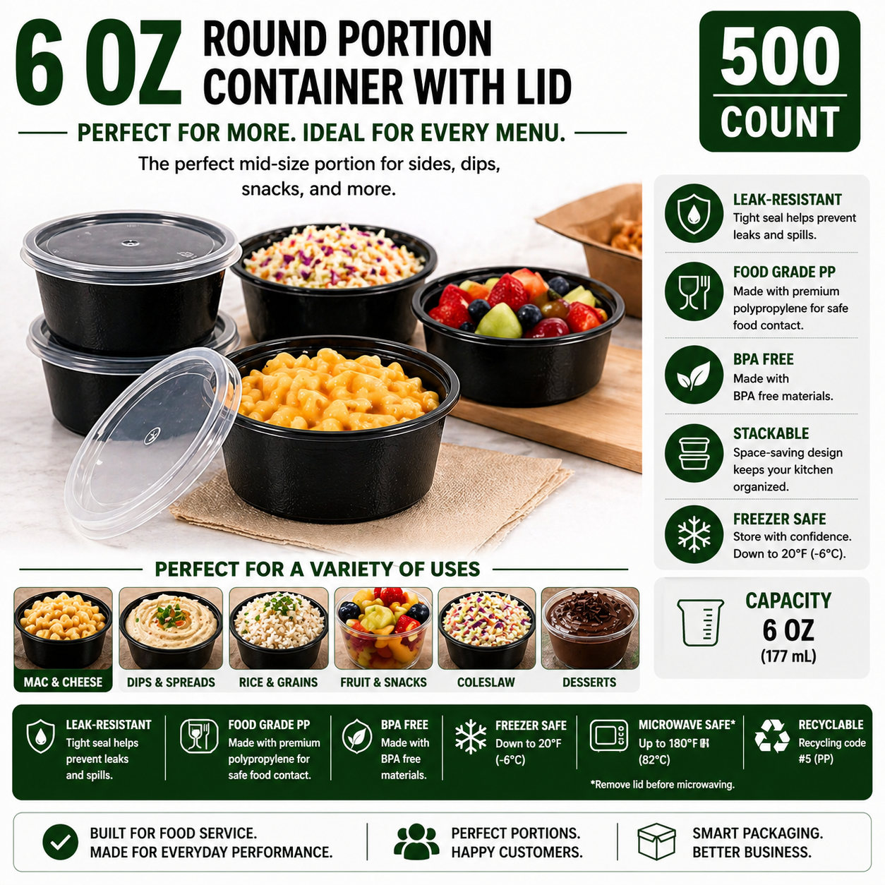 Premier Plastic Container 6 OZ BLACK W LID 500 CT