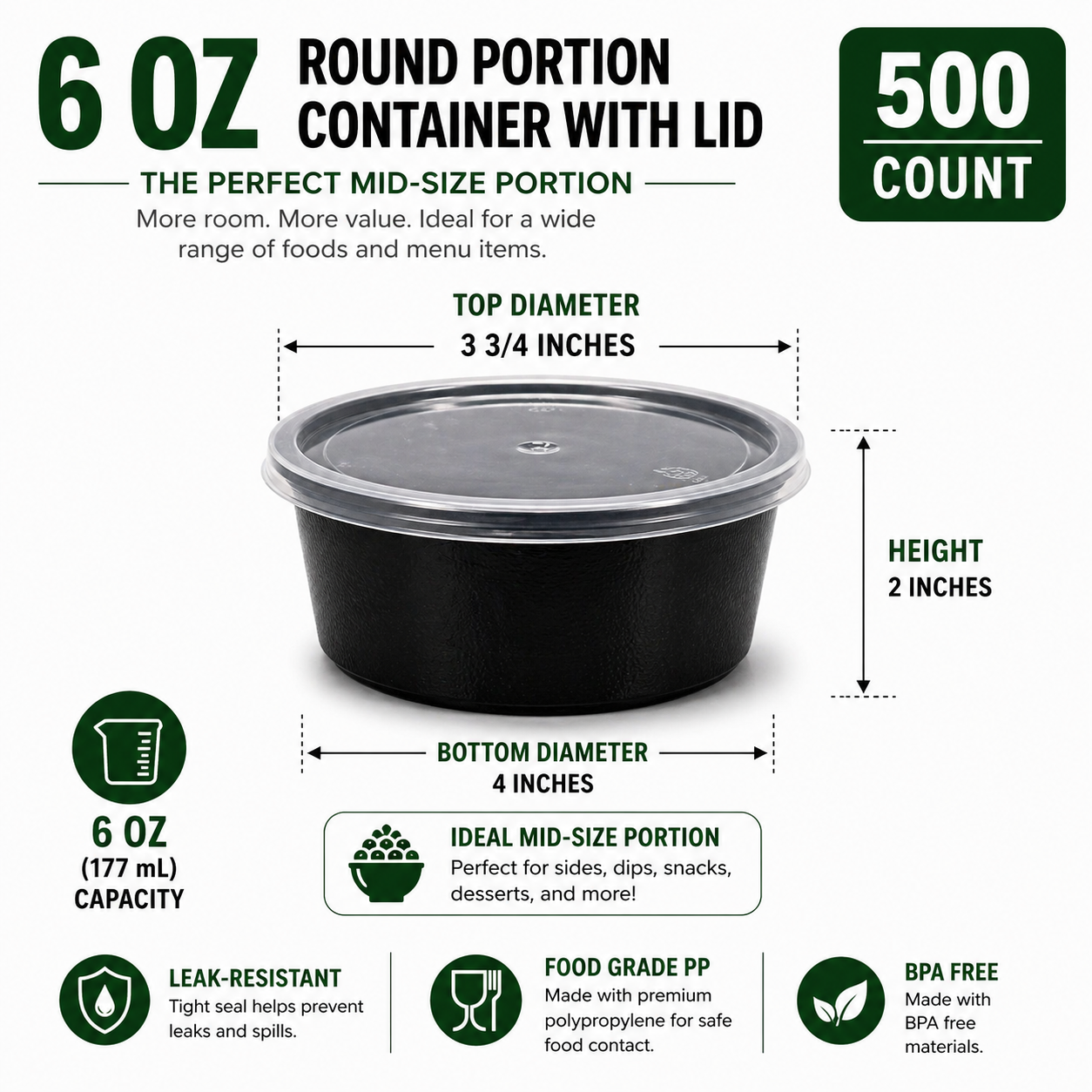 Premier Plastic Container 6 OZ BLACK W LID 500 CT